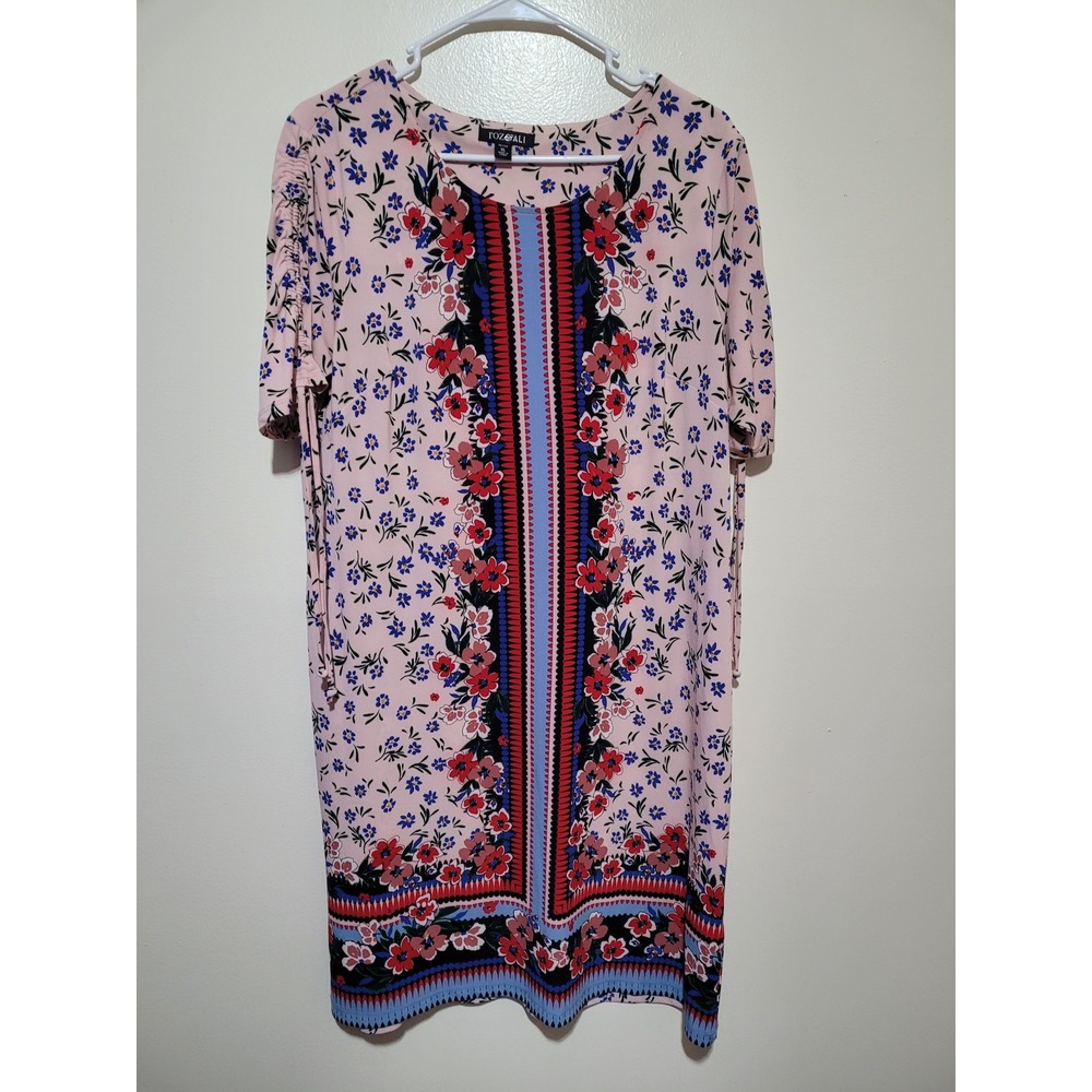Roz & Ali Shift Dress Womens XL Petite Pink Floral Border Print Ruched